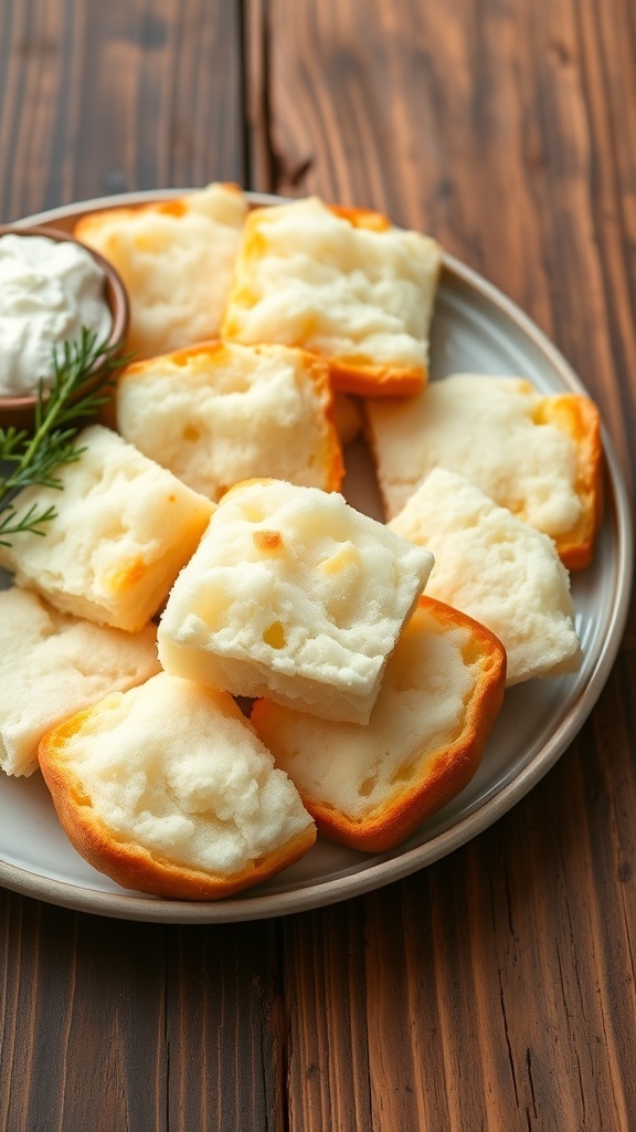 High Protein Cloud Bread Recipe Fluffy cloud bread pieces on a plate with cream cheese spread and herbs.